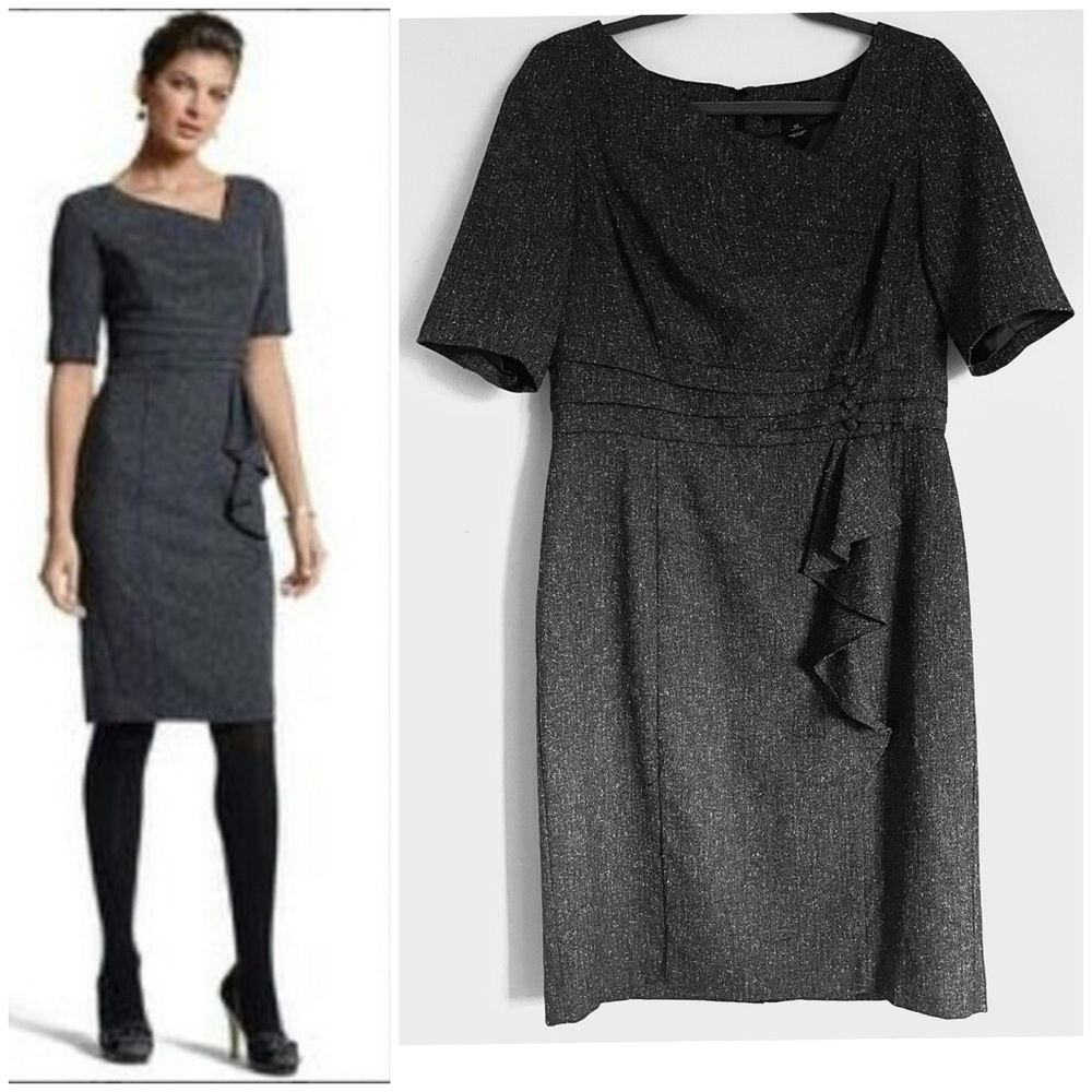White House Black Market Asymmetric Neck Tweed Ruffle Sheath Dress Size 12 EUC